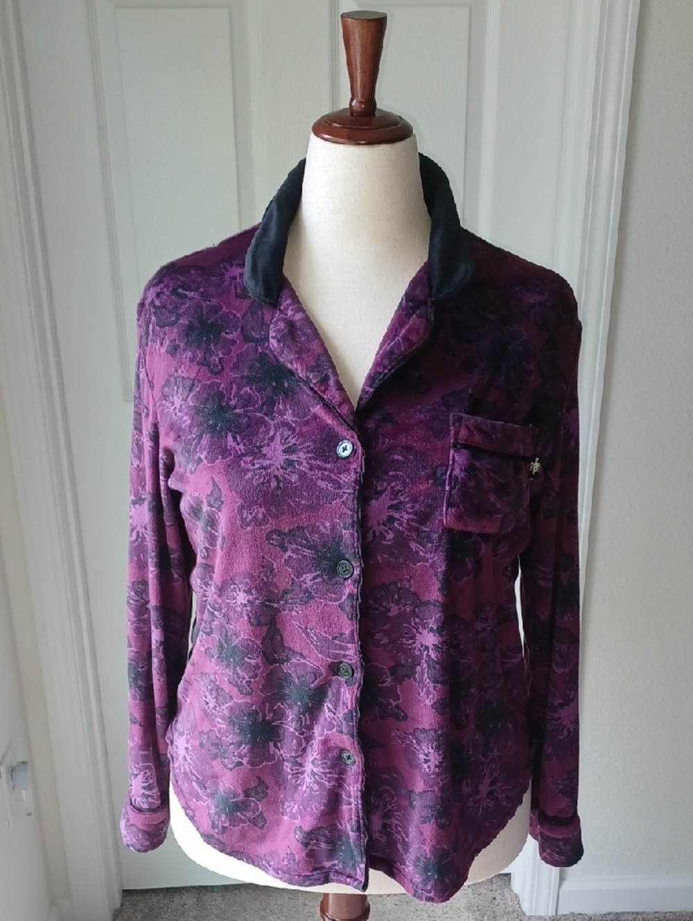 DKNY Purple Velvet Pajama Top with Black Trim Medium